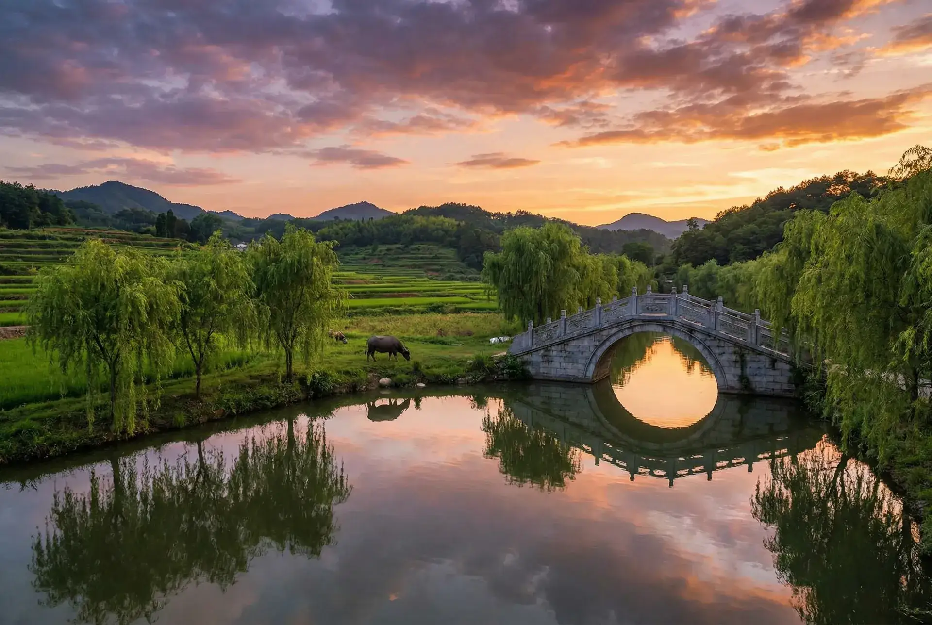 夕阳下的石拱桥与垂柳，水牛在河边吃草 - 暗夜鬼叫声 乡村美景